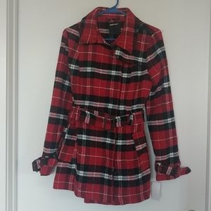 New With Tags - Black, Red, & White Plaid Peacoat